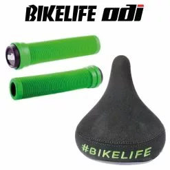 Pack Selle BIKELIFE Noir Logo Vert+ Poignées ODI Longneck Vert